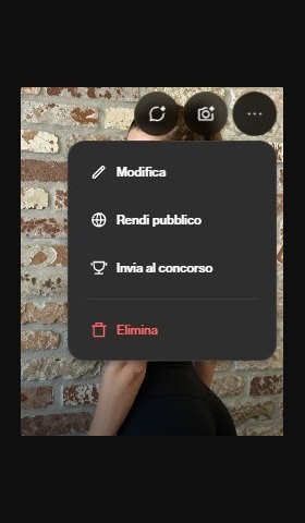 Menu della card di Svenja sotto Le mie IA: Modifica, Rendi pubblico, Invia al concorso, Elimina
