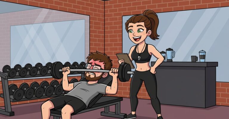 Matteo bloccato sotto un bilanciere mentre la sua personal trainer mora in reggiseno sportivo ride di gusto