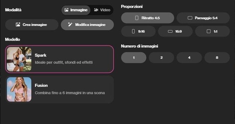 Impostazioni di Modifica immagine su OurDream: modelli Spark e Fusion, proporzioni e da 1 a 8 immagini