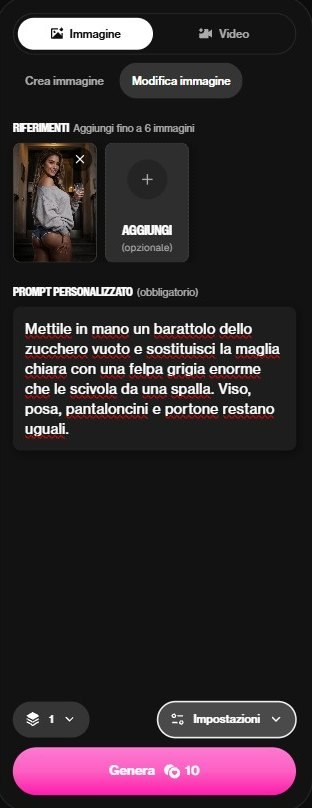 Modalità Modifica immagine di OurDream con l'immagine di Hannah come riferimento, il prompt di correzione e il pulsante Genera da 10 monete
