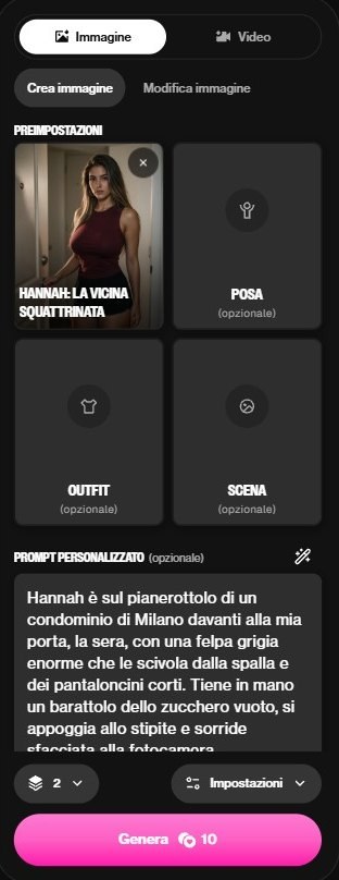 Generatore di immagini di OurDream con il personaggio Hannah, i campi Posa, Outfit e Scena, un prompt personalizzato e il pulsante Genera da 10 monete