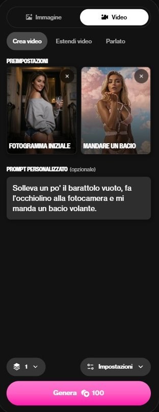 Modalità video di OurDream con l'immagine modificata di Hannah come fotogramma iniziale, l'azione Mandare un bacio, un prompt e il pulsante Genera da 100 monete