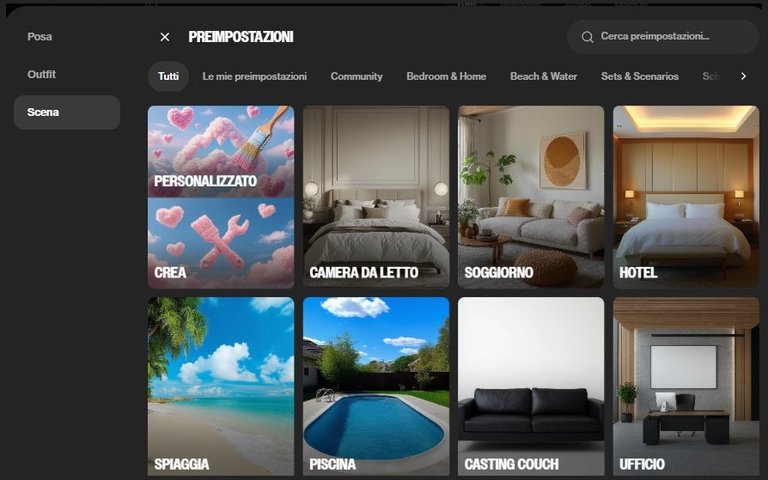 Preimpostazioni delle scene nel generatore di OurDream: camera da letto, soggiorno, hotel, spiaggia, piscina, casting couch e ufficio