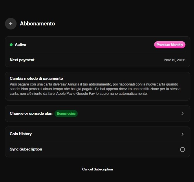 Pagina dell'abbonamento di OurDream: Premium Monthly attivo, prossimo pagamento il 19 novembre, in fondo Cancel Subscription