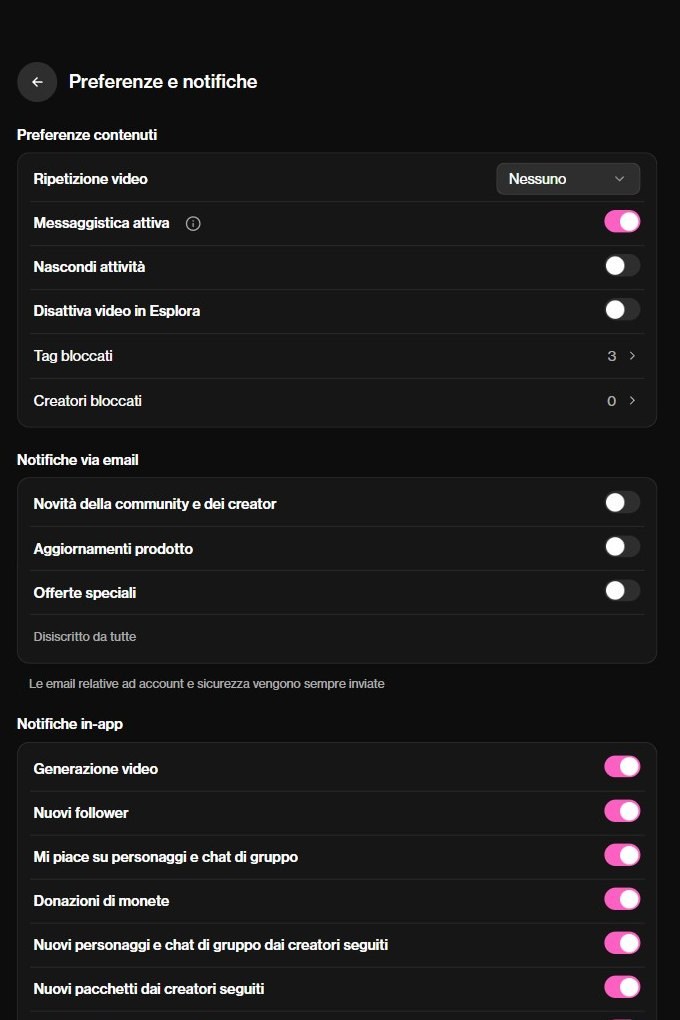 Preferenze e notifiche su OurDream con le email disattivate