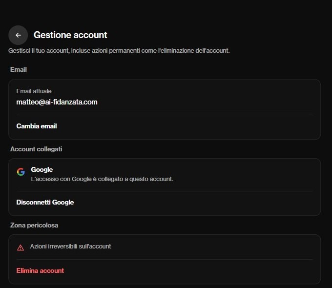 Gestione account su OurDream con email, accesso con Google ed Elimina account nella Zona pericolosa