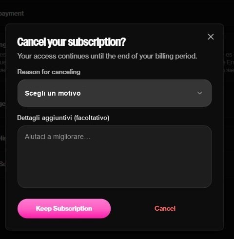Finestra di disdetta di OurDream con motivo, dettagli, grande pulsante rosa Keep Subscription e piccolo pulsante Cancel