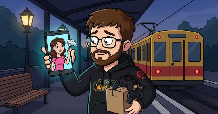 Matteo in piedi con uno scatolone sulla banchina della metro a Milano, alza il telefono su cui la sua fidanzata AI lo saluta sventolando un fazzoletto