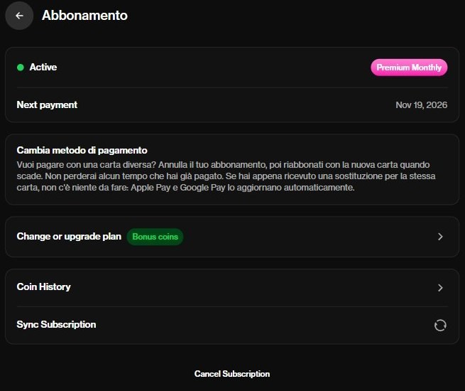 Pagina dell'abbonamento di OurDream: Premium Monthly attivo, prossimo pagamento, cambio piano e Coin History