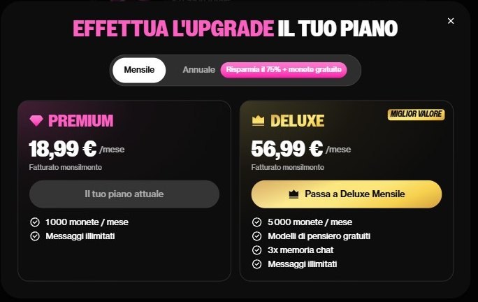 Finestra degli abbonamenti di OurDream in modalità mensile: Premium 18,99 euro, Deluxe 56,99 euro