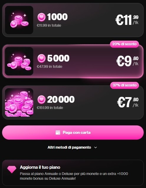 Pacchetti di coin di OurDream: 1000 coin a 11,99 euro, 5000 a 47,99 euro, 20000 a 151,99 euro