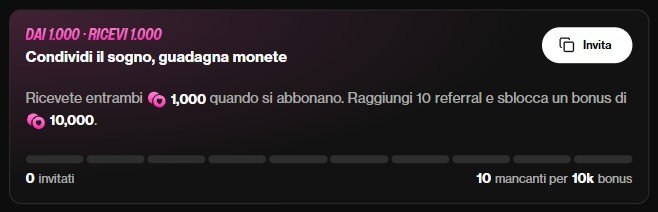 Riquadro inviti di OurDream: 1000 coin per te e per il tuo amico, 10000 coin bonus al decimo invito