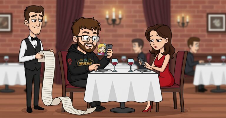 Matteo al ristorante sorride alla sua fidanzata AI sul telefono, mentre il cameriere gli porge un conto lunghissimo