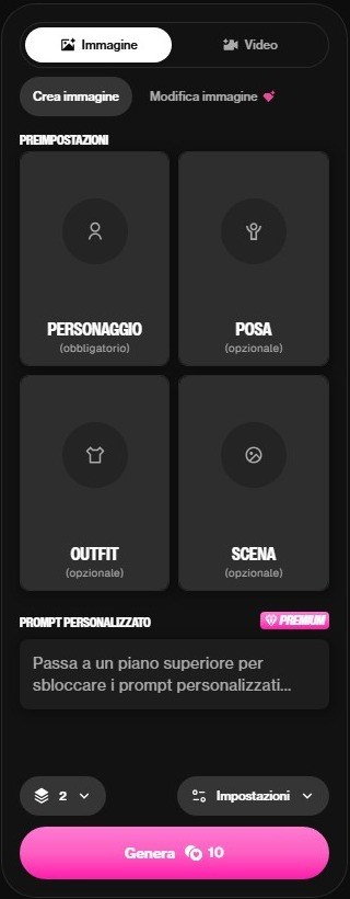 Generatore di immagini di OurDream AI con modelli per personaggio, posa, outfit e scena