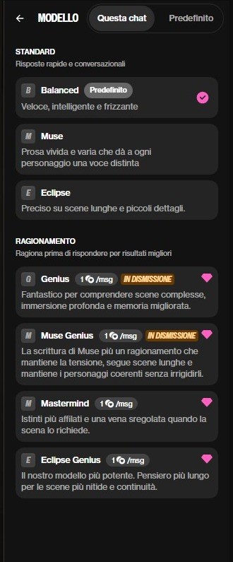 Scelta del modello nella chat di OurDream AI: Balanced, Muse, Eclipse e i modelli che ragionano a 1 coin a messaggio