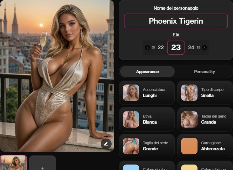 Il personaggio Phoenix Tigerin appena creato su OurDream AI, con tutte le sue caratteristiche
