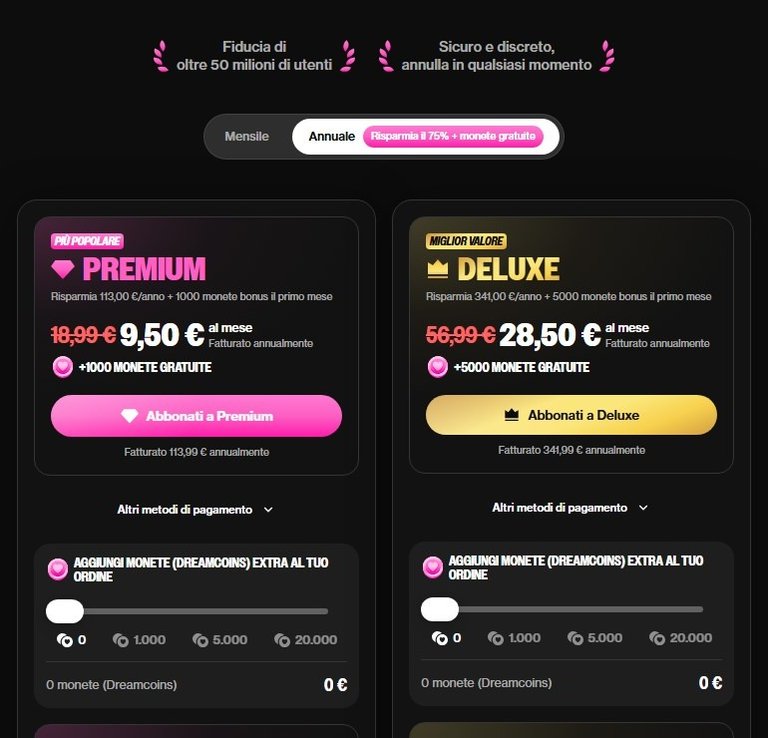 Prezzi di OurDream AI: Premium 9,50 euro e Deluxe 28,50 euro al mese con l'annuale